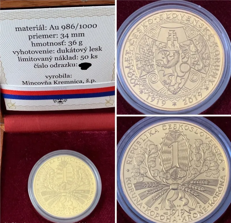 100.výročí Československé koruny (zlatá medaile),1919/2019 č.49 , náklad 50 kusů