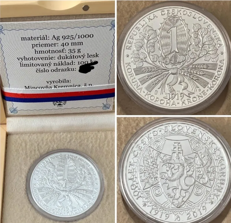 100.výročí Československé koruny (stříbrná medaile),1919/2019 č.49 náklad 100 ks